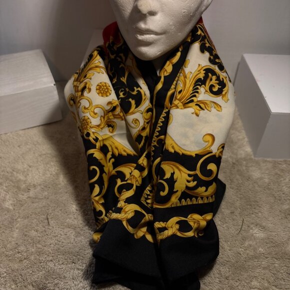 Art Of The Scarf Tie Rack Scarf Gold & Black Baroque Chain Pattern Square Italy - Picture 3 of 5